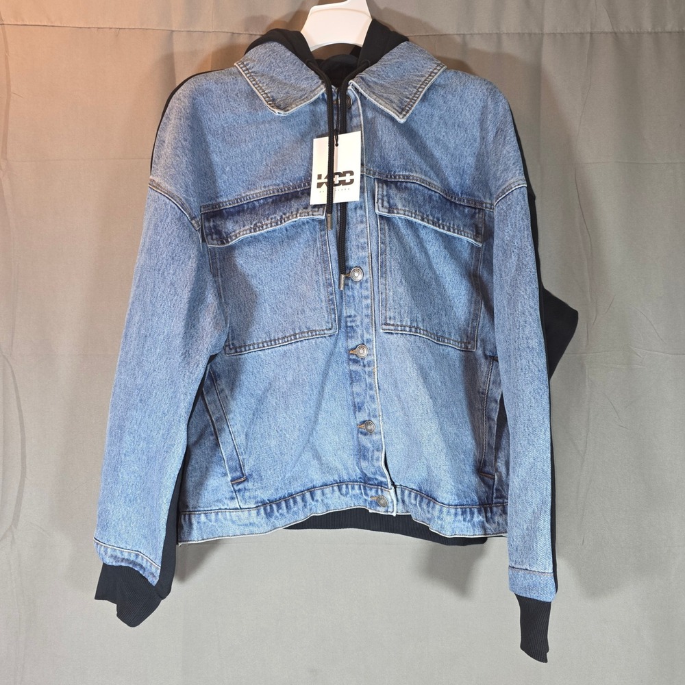 KBB by Kahlana Mixed Media Denim Hooded Jacket Medium Wash Black L KBBO-004
